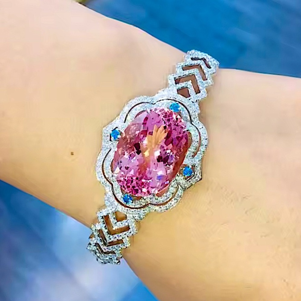Unique Platinum Zircon Pink Morganite Bangle Bracelet - Picture 5 of 5